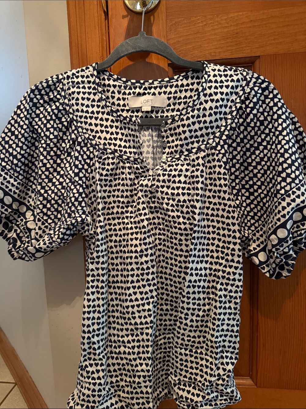 LOFT White Top with Navy Heart Print and Puff Sleeves